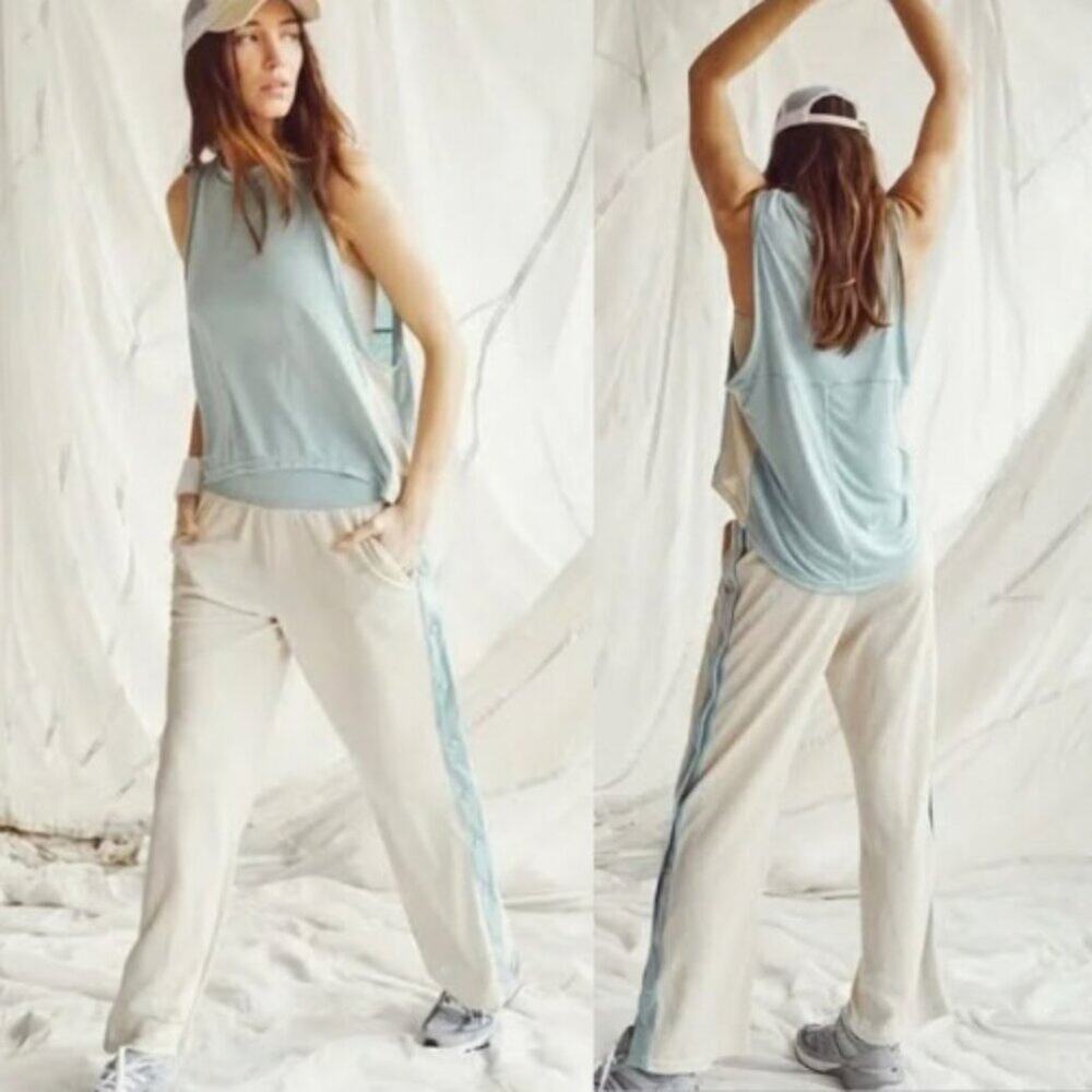 FP Movement by Free People Pale Blue and Cream Wide-Leg Track Pants NWT